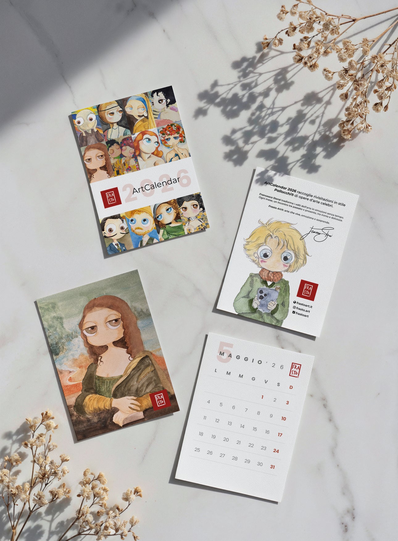 ArtCalendar 2026 – Calendario da tavolo con 12 illustrazioni Pallocchi su carta martellata A6