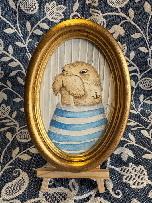 Sailor Walrus- acquerello originale in cornice vintage
