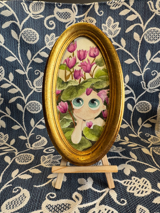 Ciclamini - acquerello originale in cornice vintage