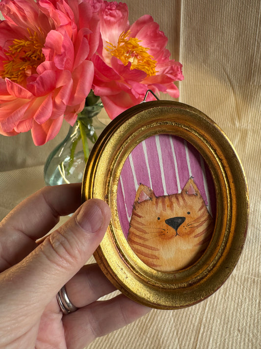 Micro cat - acquerello originale in cornice vintage