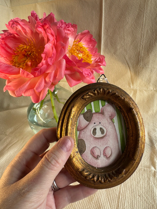 Cozy piggy - acquerello originale in cornice vintage